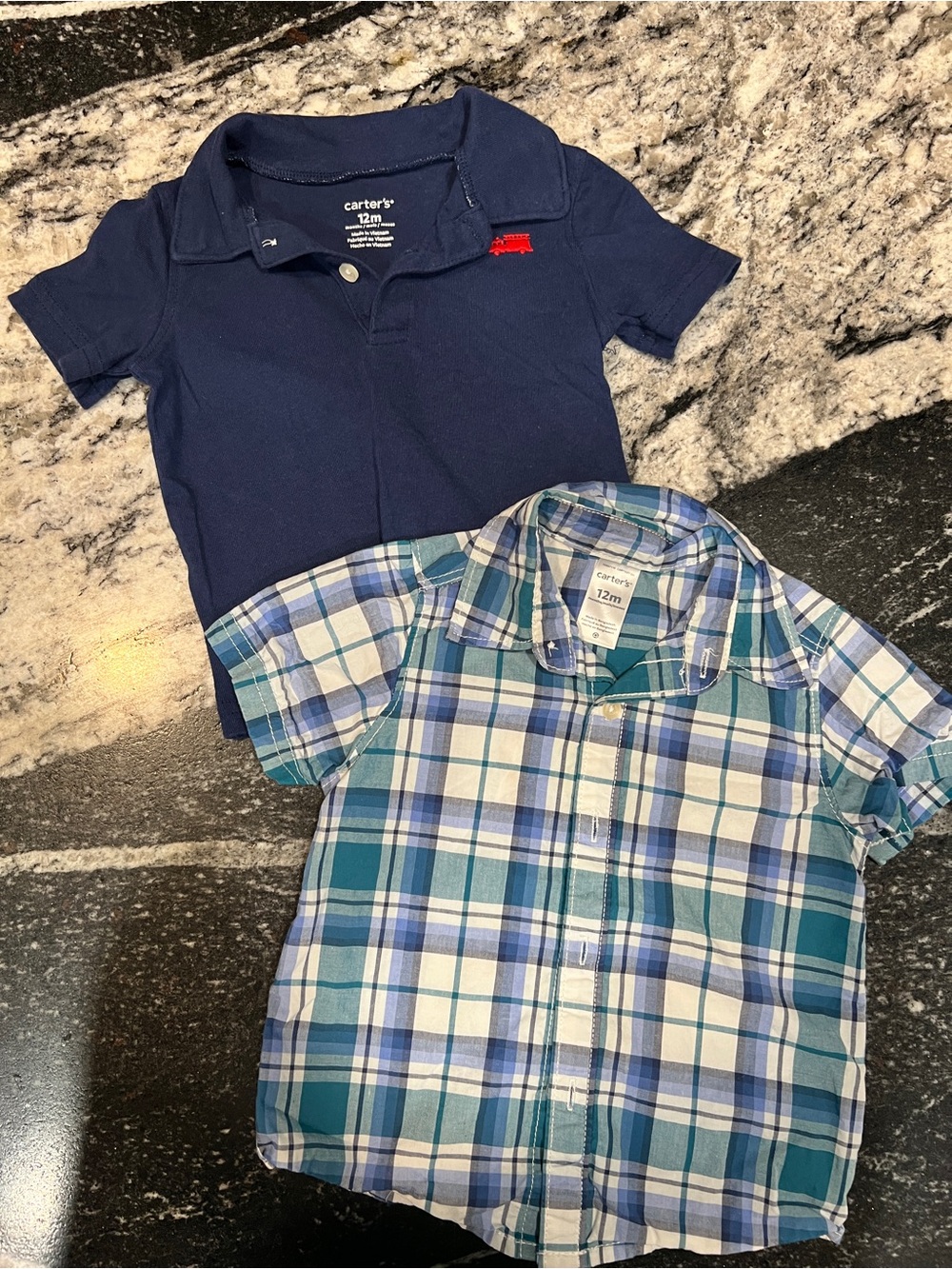Carter’s Toddler Boy Shirt Bundle 12 Months | Navy Polo & Blue Plaid Button-Up